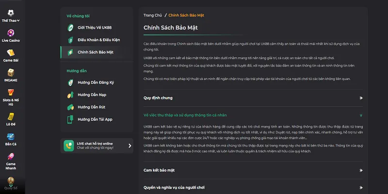 Điều khoản thu thập và sử dụng thông tin cá nhân của nhà cái UK88