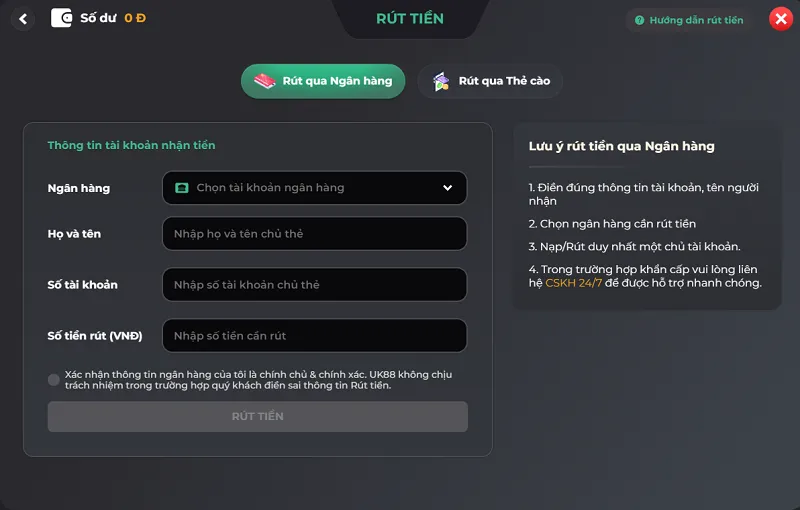 Rút tiền UK88 qua ngân hàng